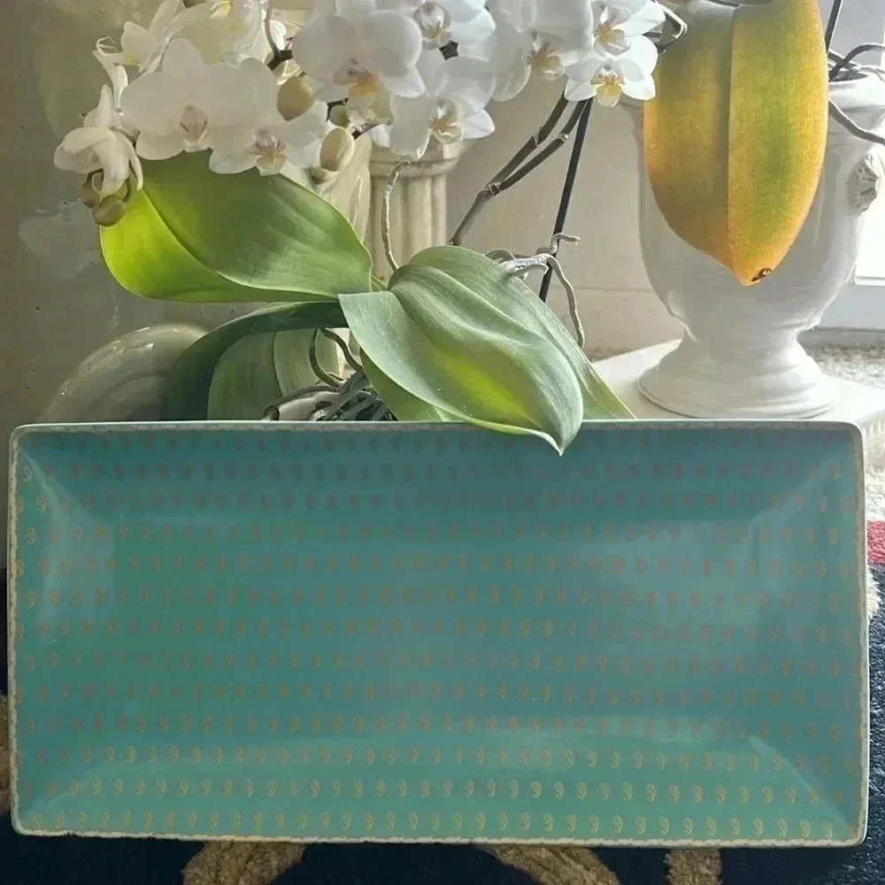 William Sonoma Turquoise with Gold-Tone Paisley Print on and around Edges